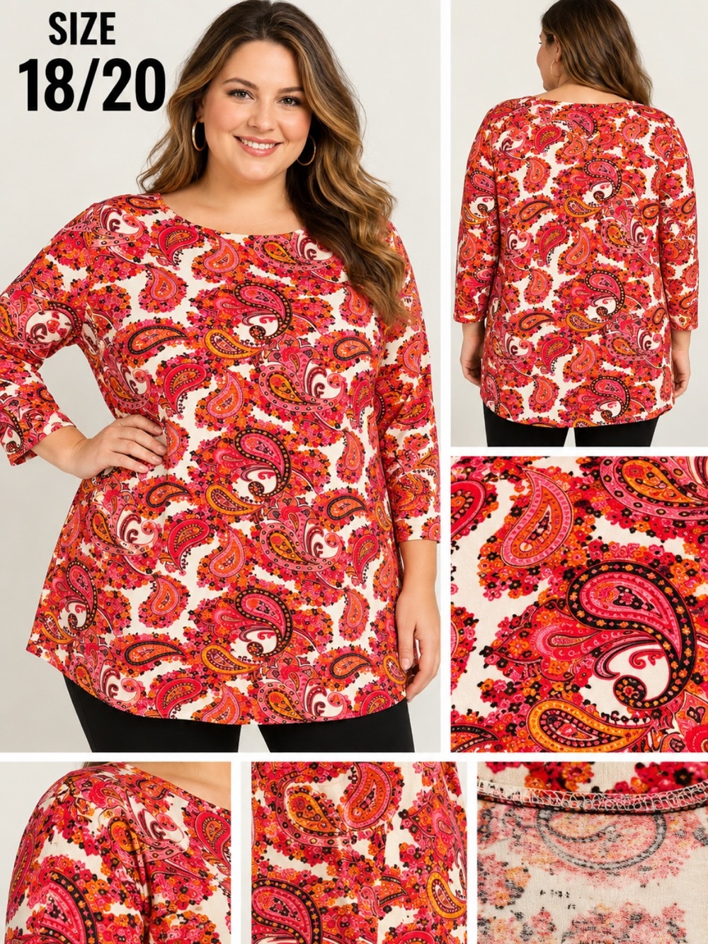 Jessica London Pink and Orange Paisley 3/4 Sleeve Top Size 18/20